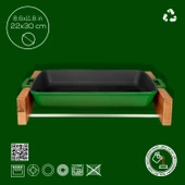 Lava Döküm Dikdörtgen Rosto ve Fırın Tepsisi Kayın Servis Ahşabı Döküm Demir Yekpare Çift Kulplu Ölçü 22x30cm.  Yeşil - 3