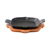 Lava Döküm Kızartma Tavası Kayın Servis Ahşabı Döküm Demir Yekpare Çift Kulplu Ölçü 26x26cm. - 1