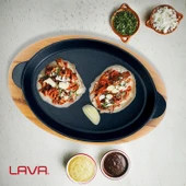 Lava Döküm Oval Fajita Tabağı Döküm Demir Yekpare Çift Kulplu Kayın Servis Ahşabı Ölçü 18x24cm. thumbnail 5