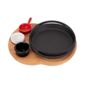 Lava Döküm Yuvarlak Sahan Döküm Demir Yekpare Çift Kulplu Kayın Servis Ahşabı Çap(Ø)20cm. (Sos kapları dahil değildir.) thumbnail 1