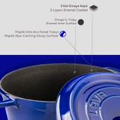 Lava Döküm Yuvarlak Tencere Döküm Demir Yekpare Kulplu Premium Serisi Çap(Ø)24cm.  Mavi thumbnail 7