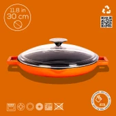 Lava Döküm Yuvarlak Kızartma Tavası Cam Kapaklı Döküm Demir Yekpare Çift Kulplu Çap(Ø)30cm.  Turuncu thumbnail 2