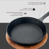 Lava Döküm Yuvarlak Kızartma Tavası Yekpare Saplı Kayın Servis Ahşabı. Çap(Ø)20cm - 6