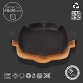 Lava Döküm Kızartma Tavası Kayın Servis Ahşabı Döküm Demir Yekpare Çift Kulplu Ölçü 26x26cm. - 2