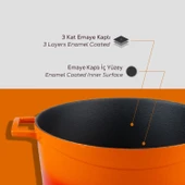 Lava Döküm Yuvarlak Tencere Cam kapaklı. Glaze Çap(Ø)28cm.  Turuncu thumbnail 6