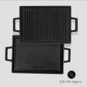 Lava Döküm Dikdörtgen Çift Yön Izgara Hot Plate Döküm Demir Yekpare Çift Kulplu Kayın Servis Ahşabı Ölçü 22x30cm. thumbnail 3