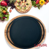 Lava Döküm Yuvarlak Pizza Krep Pankek Tavası Döküm Demir Yekpare Çift Kulplu Kayın Servis Ahşabı Çap(Ø)28cm. thumbnail 7