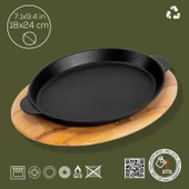 Lava Döküm Oval Fajita Tabağı Döküm Demir Yekpare Çift Kulplu Kayın Servis Ahşabı Ölçü 18x24cm. thumbnail 2
