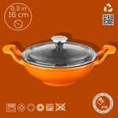 Lava Döküm Mini Wok Yekpare Kulplu Cam Kapaklı Çap(Ø)16cm.  Turuncu - 3