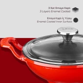 Lava Döküm Mini Wok Yekpare Kulplu Cam Kapaklı Çap(Ø)16cm.  Kırmızı - 5