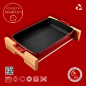 Lava Döküm Dikdörtgen Rosto ve Fırın Tepsisi Kayın Servis Ahşabı Döküm Demir Yekpare Çift Kulplu Ölçü 26x40cm.  Kırmızı - 4