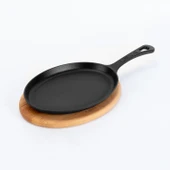 Lava Döküm Oval Fajita Tabağı Döküm Demir Yekpare Saplı Kayın Servis Ahşabı Ölçü 17x23cm. thumbnail 1