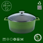 Lava Döküm Yuvarlak Tencere Cam kapaklı. Glaze Çap(Ø)28cm.  Yeşil - 4