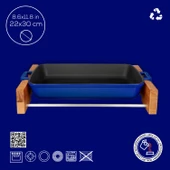Lava Döküm Dikdörtgen Rosto ve Fırın Tepsisi Kayın Servis Ahşabı Döküm Demir Yekpare Çift Kulplu Ölçü 22x30cm.  Mavi - 4