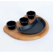 Lava Döküm Böbrek Formlu Fajita Tabağı Kayın Servis Ahşabı Ölçü 10x20cm. (Sos Kapları Dahil Değildir.) thumbnail 1