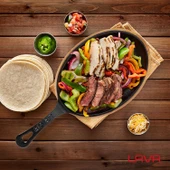 Lava Döküm Oval Fajita Tabağı Döküm Demir Yekpare Saplı Kayın Servis Ahşabı Ölçü 17x23cm. thumbnail 5
