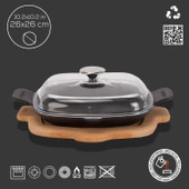 Lava Döküm Kızartma Tavası Cam Kapak Kayın Servis Ahşabı Döküm Demir Yekpare Çift Kulplu Ölçü 26x26cm. thumbnail 2