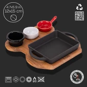 Lava Döküm Dikdörtgen Sahan Döküm Demir Yekpare Çift Kulplu Kayın Servis Ahşabı Ölçü 12x15cm. (Sos kapları dahil değildir.) thumbnail 2