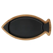 Lava Döküm Balık Tabağı Döküm Demir Yekpare Kulplu Kayın Servis Ahşabı Ölçü 20x32cm. - 2