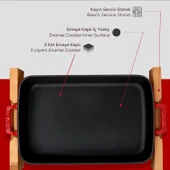 Lava Döküm Dikdörtgen Rosto ve Fırın Tepsisi Kayın Servis Ahşabı Döküm Demir Yekpare Çift Kulplu Ölçü 22x30cm.  Kırmızı - 6