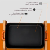 Lava Döküm Dikdörtgen Rosto ve Fırın Tepsisi Kayın Servis Ahşabı Döküm Demir Yekpare Çift Kulplu Ölçü 22x30cm.  Turuncu - 6