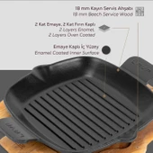 Lava Döküm Izgara Tavası Kayın Servis Ahşabı Döküm Demir Yekpare Çift Kulplu Ölçü 26x26cm. thumbnail 4