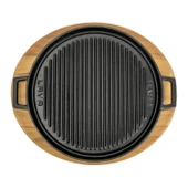 Lava Döküm Yuvarlak Çift Yön Izgara Tavası Kayın Servis Ahşabı Döküm Demir Yekpare Çift Kulplu Çap(Ø)28cm. - 1