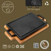 Lava Döküm Dikdörtgen Çift Yön Izgara Hot Plate Döküm Demir Yekpare Çift Kulplu Kayın Servis Ahşabı Ölçü 22x30cm. thumbnail 4