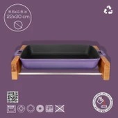Lava Döküm Dikdörtgen Rosto ve Fırın Tepsisi Kayın Servis Ahşabı Döküm Demir Yekpare Çift Kulplu Ölçü 22x30cm.  Mor - 4