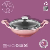 Lava Döküm Mini Wok Yekpare Kulplu Cam Kapaklı Çap(Ø)16cm.  Pembe - 3