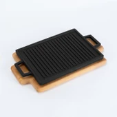 Lava Döküm Dikdörtgen Çift Yön Izgara ve Düz Yüzey Hot Plate Kayın Servis Ahşabı Ölçü 22x15cm. - 1