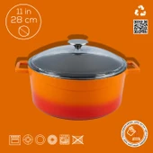 Lava Döküm Yuvarlak Tencere Cam kapaklı. Glaze Çap(Ø)28cm.  Turuncu thumbnail 4