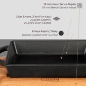 Lava Döküm Dikdörtgen Sahan Döküm Demir Yekpare Çift Kulplu Kayın Servis Ahşabı Ölçü 12x15cm. thumbnail 6