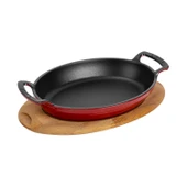 Lava Döküm Oval Sahan Döküm Demir Yekpare Çift Kulplu Kayın Servis Ahşabı Ölçü 27x20cm.  Kırmızı thumbnail 2