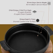 Lava Döküm Yuvarlak Güveç Kabı Döküm Demir Yekpare Çift Kulplu Kayın Servis Ahşabı Çap(Ø)17cm. - 4