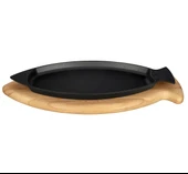 Lava Döküm Balık Tabağı Döküm Demir Yekpare Kulplu Kayın Servis Ahşabı Ölçü 20x32cm. - 1