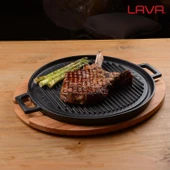 Lava Döküm Yuvarlak Çift Yön Izgara Tavası Kayın Servis Ahşabı Döküm Demir Yekpare Çift Kulplu Çap(Ø)34cm. - 7