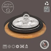 Lava Döküm Oval Döner, Kebap Tabağı Kayın Servis Ahşabı ve Bakır Dövme Formlu Kapak Ölçü 28x20cm. thumbnail 2