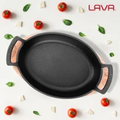 Lava Döküm Oval Sahan Döküm Demir Yekpare Çift Kulplu Kayın Servis Ahşabı Ölçü 27x20cm.  Kırmızı thumbnail 8
