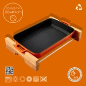 Lava Döküm Dikdörtgen Rosto ve Fırın Tepsisi Kayın Servis Ahşabı Döküm Demir Yekpare Çift Kulplu Ölçü 26x40cm.  Turuncu - 4