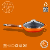 Lava Döküm Yuvarlak Kızartma Tavası Cam Kapaklı Döküm Demir Sök - Tak Ahşap Sap Çap(Ø)24cm  Turuncu thumbnail 3