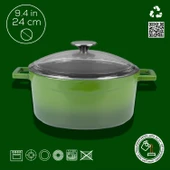 Lava Döküm Yuvarlak Tencere Cam kapaklı. Glaze Çap(Ø)24cm.  Yeşil thumbnail 4