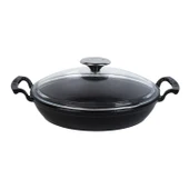 Lava Döküm Yuvarlak Sahan Cam Kapaklı Döküm Demir Yekpare Çift Kulplu Çap(Ø)24cm.  Siyah thumbnail 1