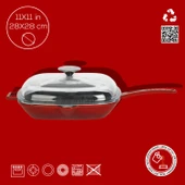 Lava Döküm Kare Izgara Tava Cam Kapaklı Döküm Demir Yekpare Saplı Ölçü 28x28cm.  Kırmızı thumbnail 4