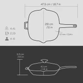 Lava Döküm Kare Izgara Tava Cam Kapaklı Döküm Demir Yekpare Saplı Ölçü 28x28cm.  Siyah thumbnail 5