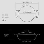 Lava Döküm Yuvarlak Sahan Cam Kapaklı Döküm Demir Yekpare Çift Kulplu Çap(Ø)24cm.  Siyah thumbnail 5