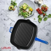 Lava Döküm Dikdörtgen Izgara Tava Döküm Demir Yekpare Saplı Ölçü 26x32cm.  Mavi thumbnail 7