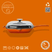 Lava Döküm Kare Izgara Tava Cam Kapaklı Döküm Demir Yekpare Saplı Ölçü 26x26cm.  Turuncu - 4