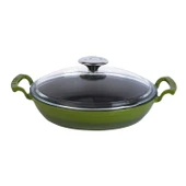 Lava Döküm Yuvarlak Sahan Cam Kapaklı Döküm Demir Yekpare Çift Kulplu Çap(Ø)24cm.  Yeşil thumbnail 1