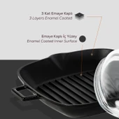 Lava Döküm Kare Izgara Tava Cam Kapaklı Döküm Demir Yekpare Saplı Ölçü 26x26cm.  Siyah thumbnail 6